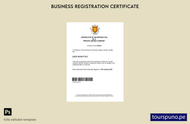 listo para imprimir Plantilla de plantilla de certificado de registro de Burundi